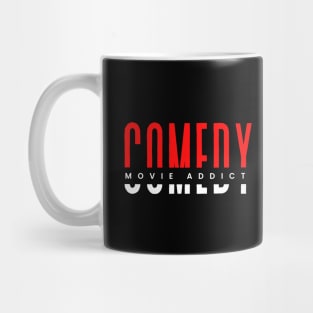 Comedy movie addict red and white typography design Mug